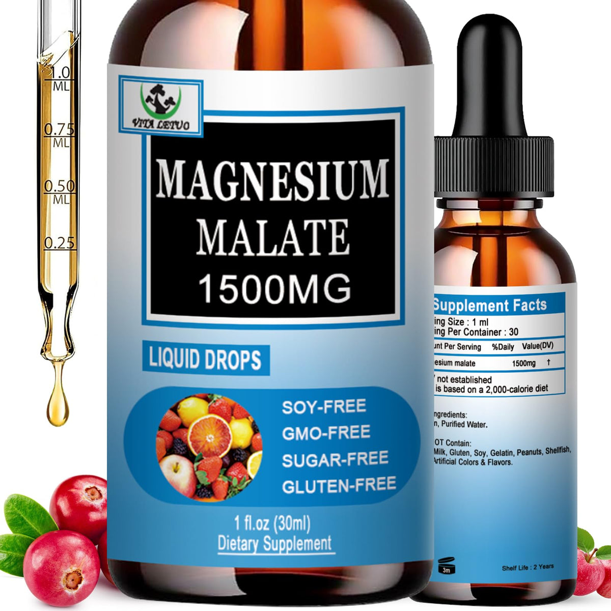 Gotas Vita Letuo Magnesio Malato 1500 mg, presentación práctica para energía diaria.