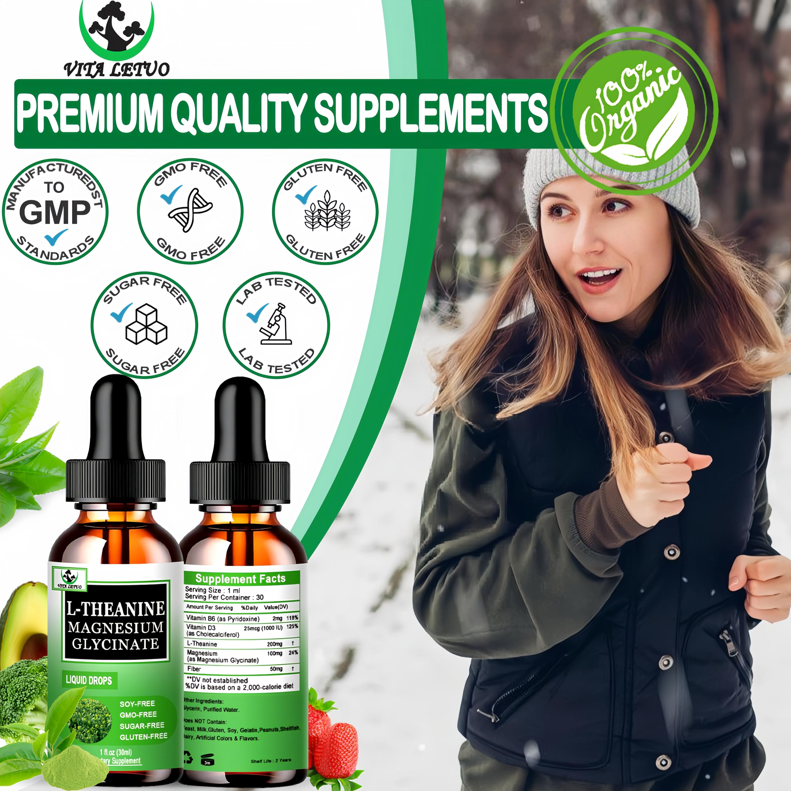 Vita Letuo L-Theanine Drops, absorcion alta para una ingesta eficiente.
