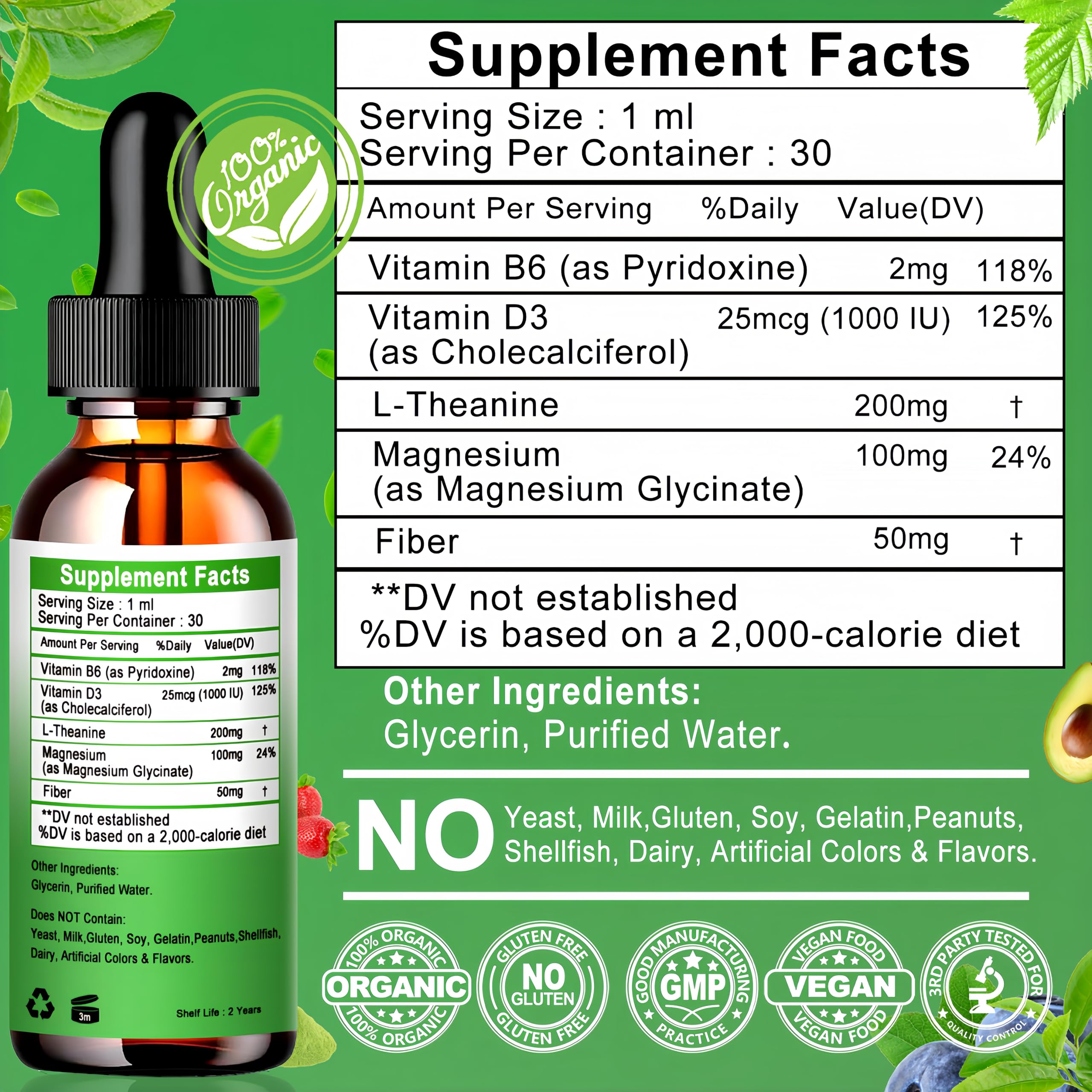 Vita Letuo L-Theanine Drops, apoyo digestivo suave con fibra.