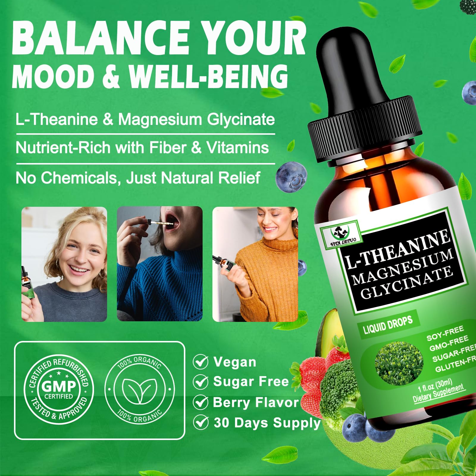 Vita Letuo L-Theanine Drops, gotero medidor para dosis rápida y precisa.