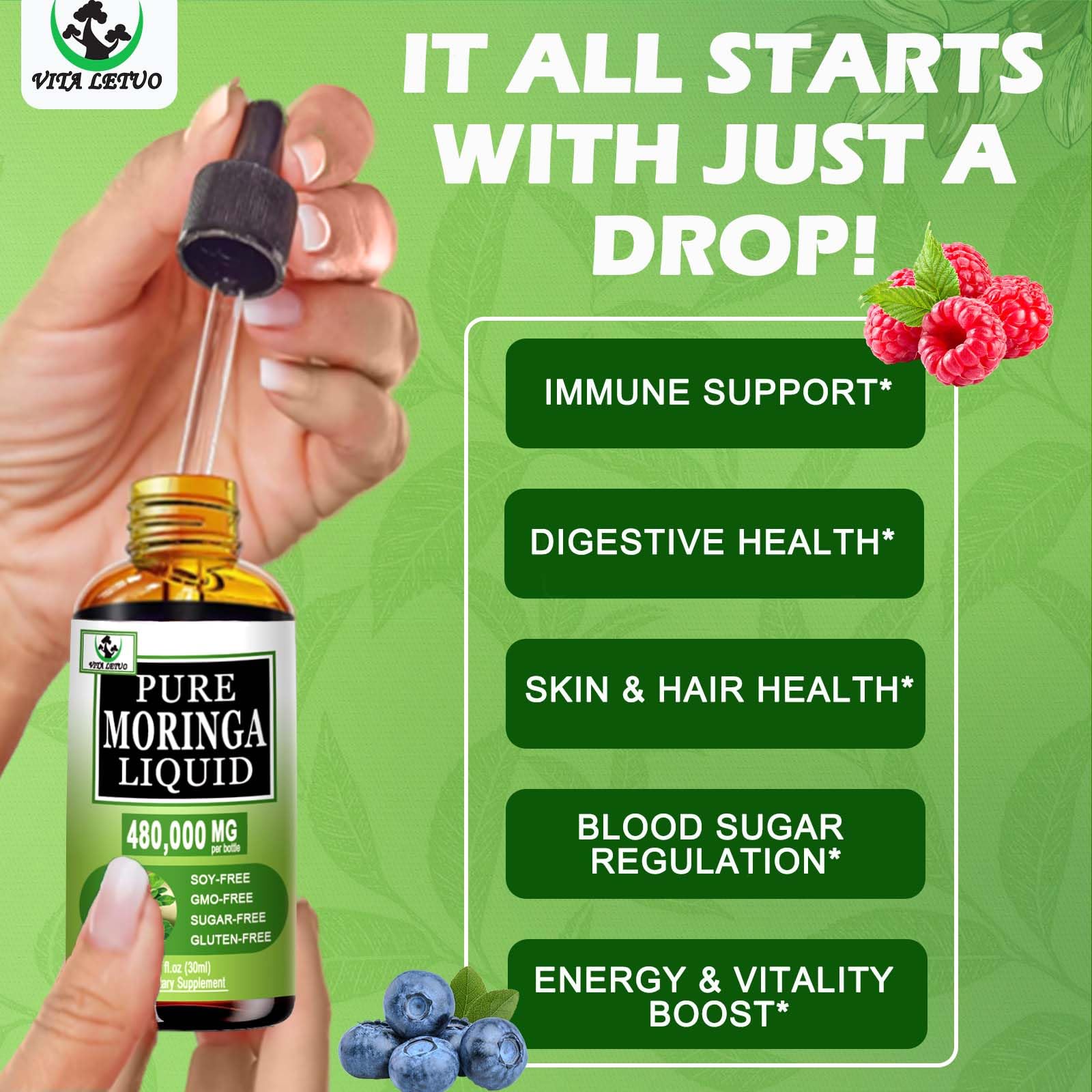 Vita Letuo Moringa Líquida: gotero dispensando gotas para absorción rápida.