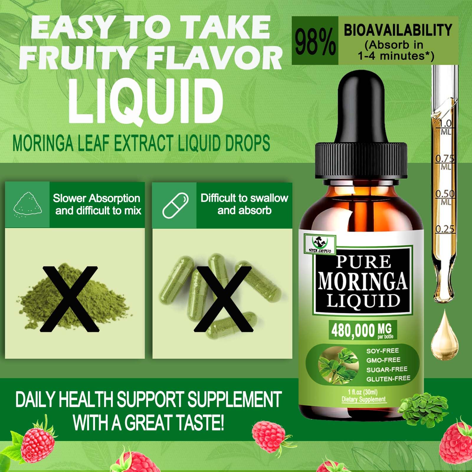 Vita Letuo Moringa Líquida: hojas frescas de moringa, fuente natural de nutrientes.