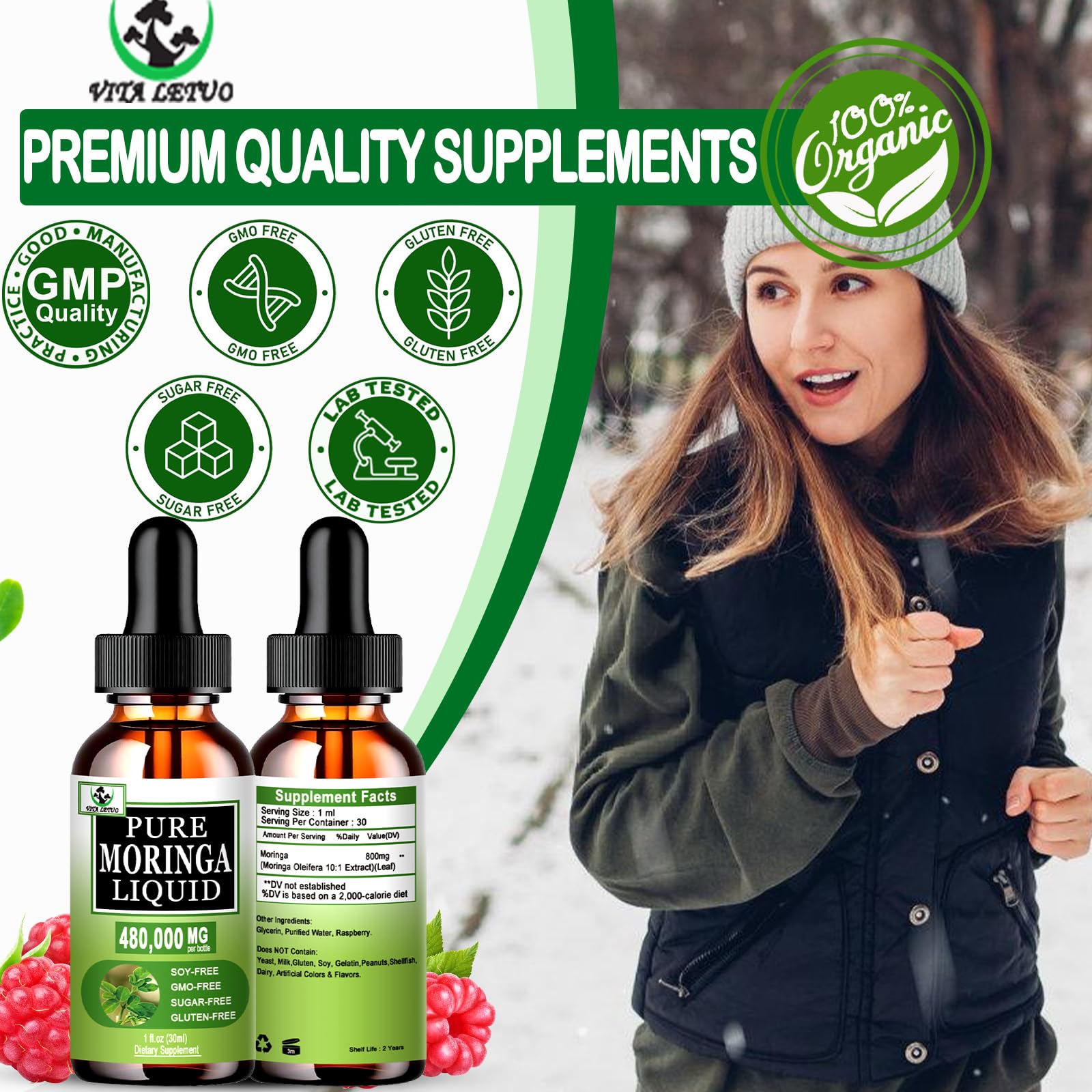 Vita Letuo Moringa Líquida: mujer usando el gotero para energía diaria.