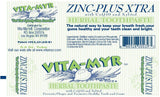 Pasta dental Vita-Myr Zinc+ ingredientes clave: zinc y glicerina para cuidado diario.