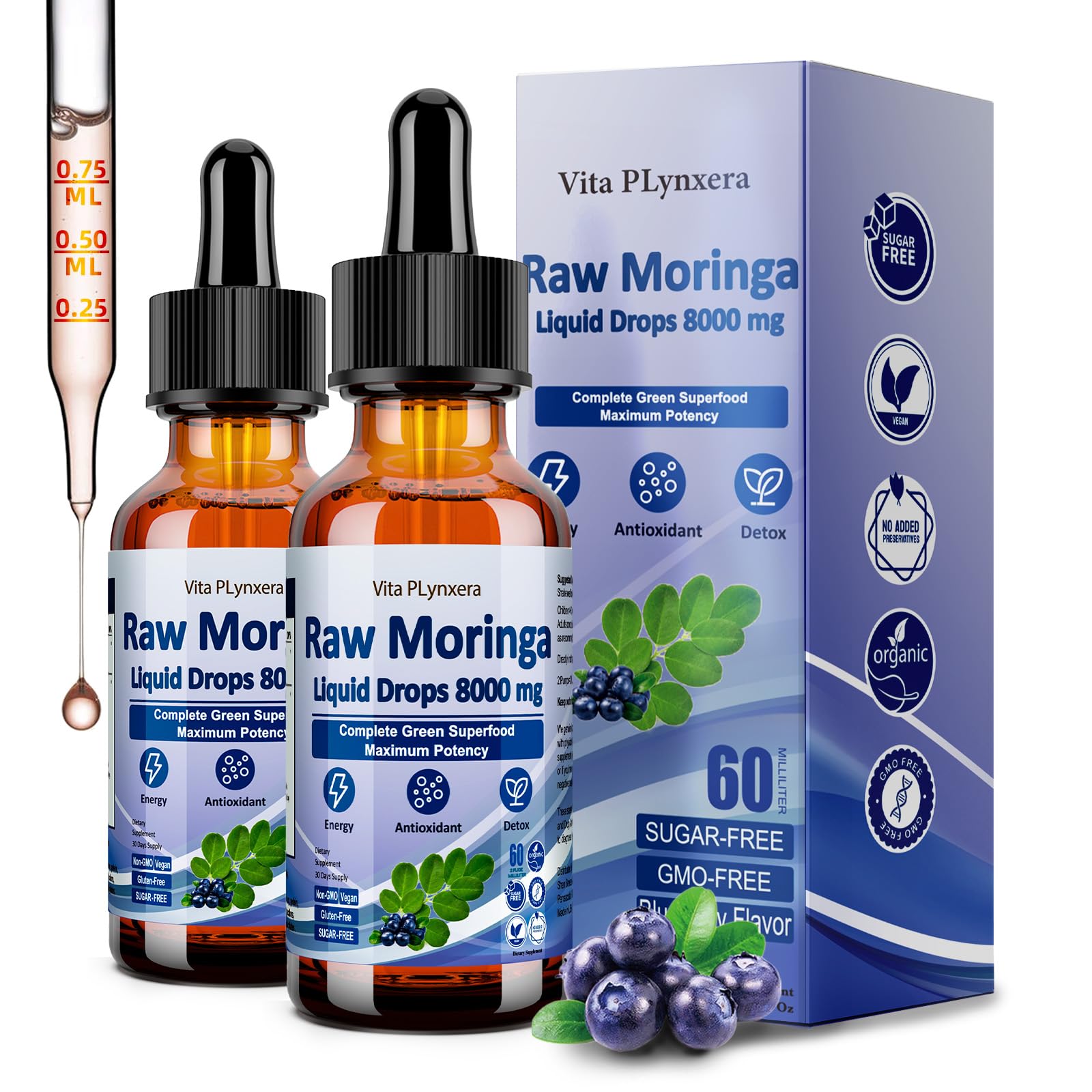 Gotas Vita PLynxera Moringa 8000 mg vertiendo en vaso para energía suave