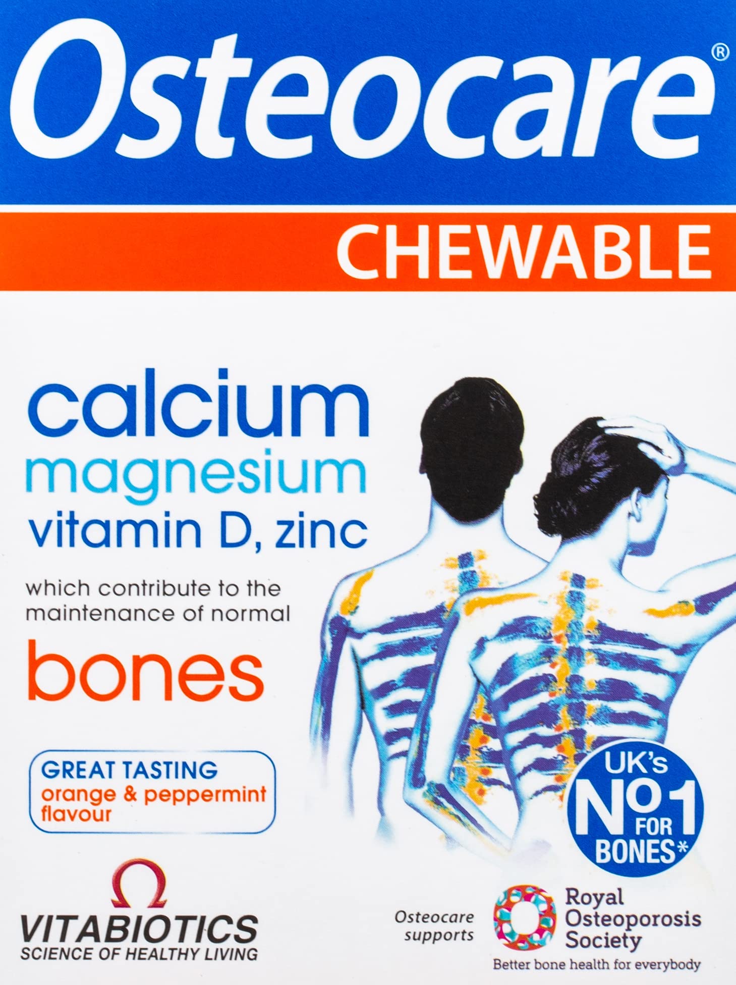 Vitabiotics Osteocare con empaque frontal y sabor menta-naranja, opción masticable conveniente.
