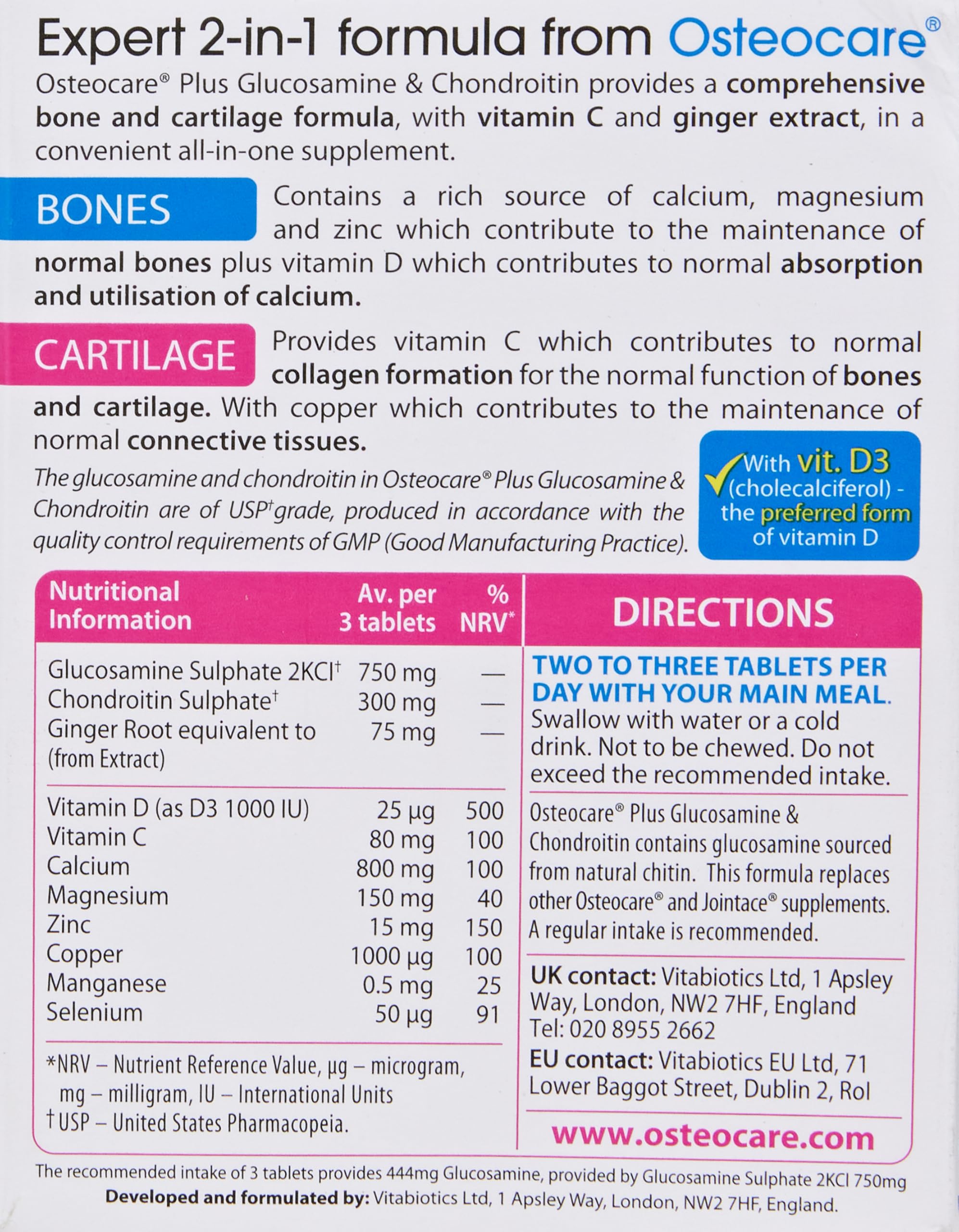 Vitabiotics Osteocare Joint, etiqueta clara para recordar dosis y uso diario.
