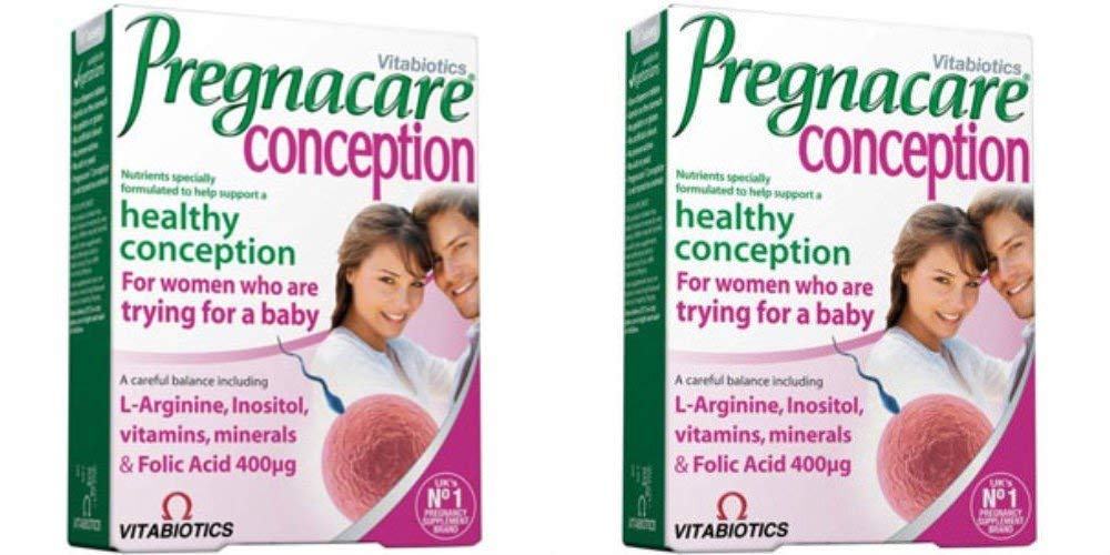 Vitabiotics Pregnacare Concepción, empaque de dos unidades, apoyo diario para la salud reproductiva.