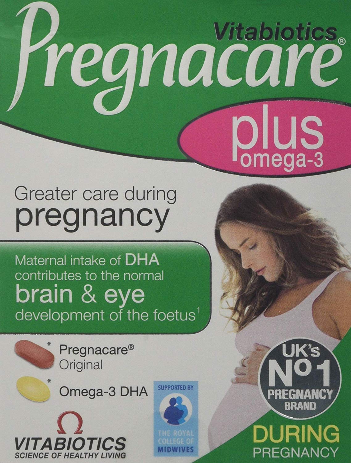 Vitabiotics Pregnacare Plus Omega 3 doble pack frente, apoyo prenatal diario para el desarrollo saludable