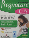 Vitabiotics Pregnacare Plus Omega 3 doble pack frente, apoyo prenatal diario para el desarrollo saludable