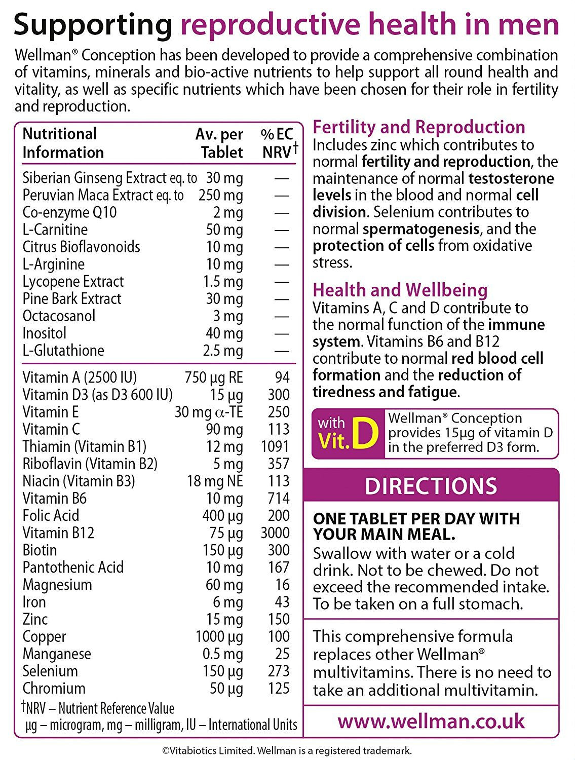 Vitabiotics Wellman Conception estilo de vida saludable: complemento para dieta equilibrada.