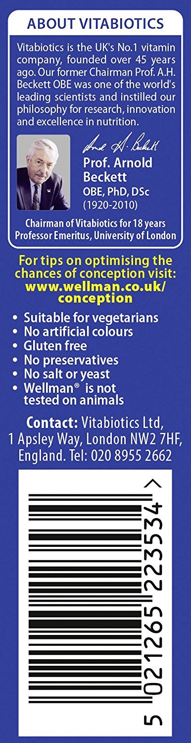 Vitabiotics Wellman Conception etiqueta frontal, información clara para decidir.