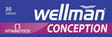 Vitabiotics Wellman Conception tabletas compactas, ingesta cómoda durante el día.