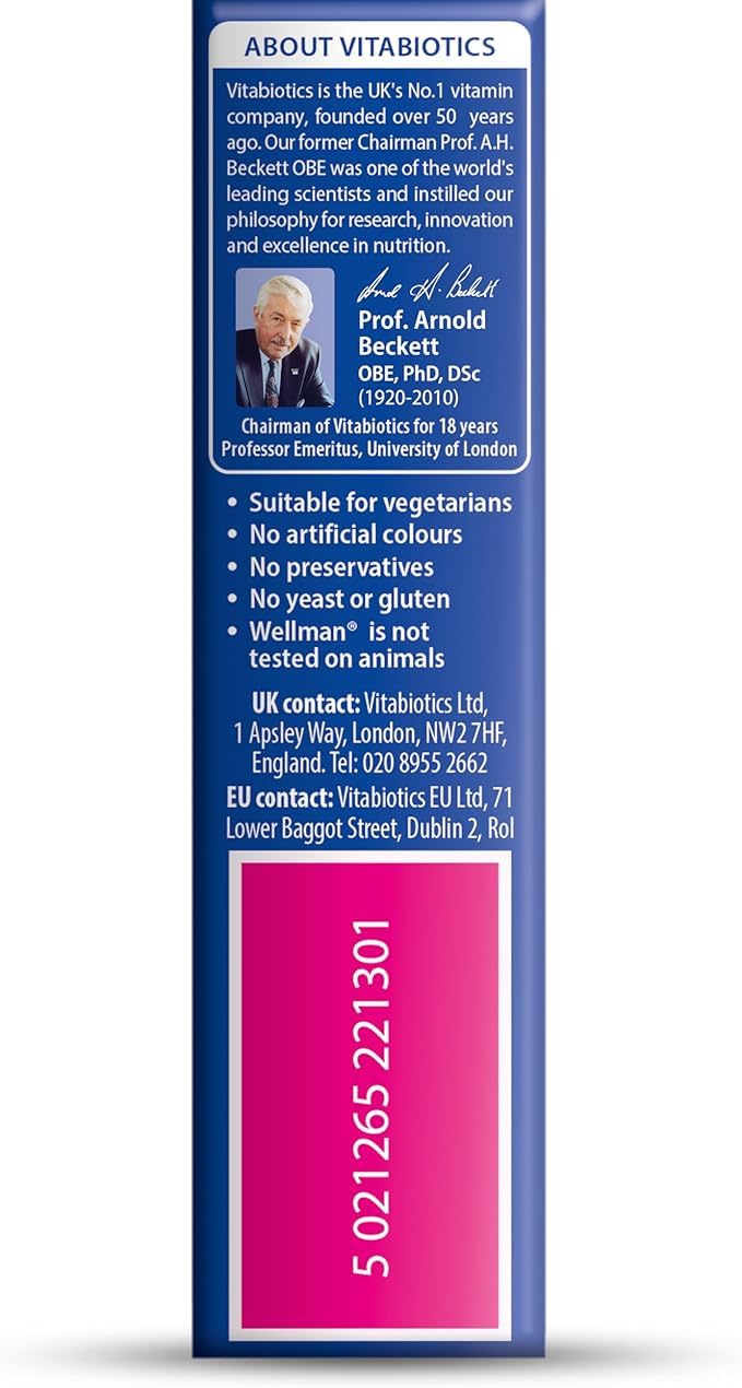 Vitabiotics Wellman Original: empaque frontal para reconocimiento visual en tienda