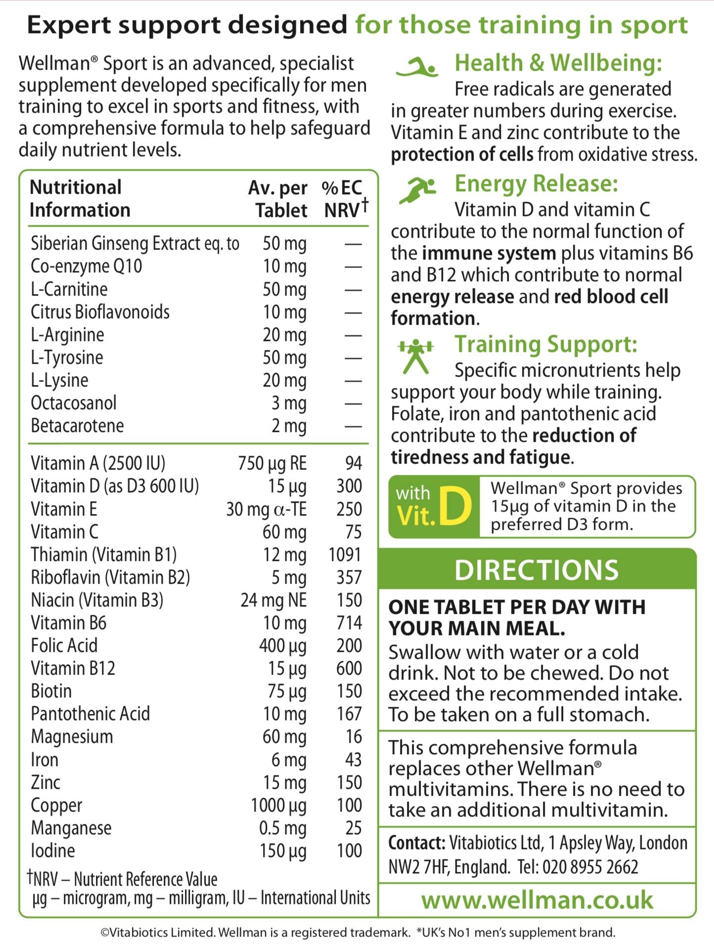 Etiqueta de Vitabiotics Wellman Sport Tabletas, información clara para usarla diariamente.