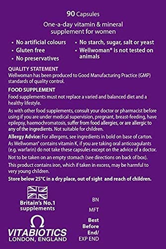 Vitabiotics Wellwoman, composición de tabletas para apoyo diario del bienestar femenino.