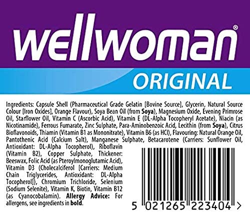 Vitabiotics Wellwoman, etiqueta con código EAN para compra rápida.