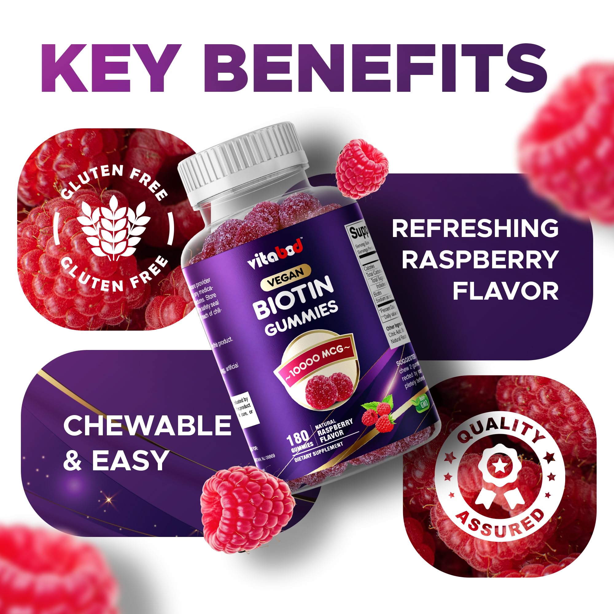 Vitabod Biotin Gomitas, primer plano de color y textura atractiva.