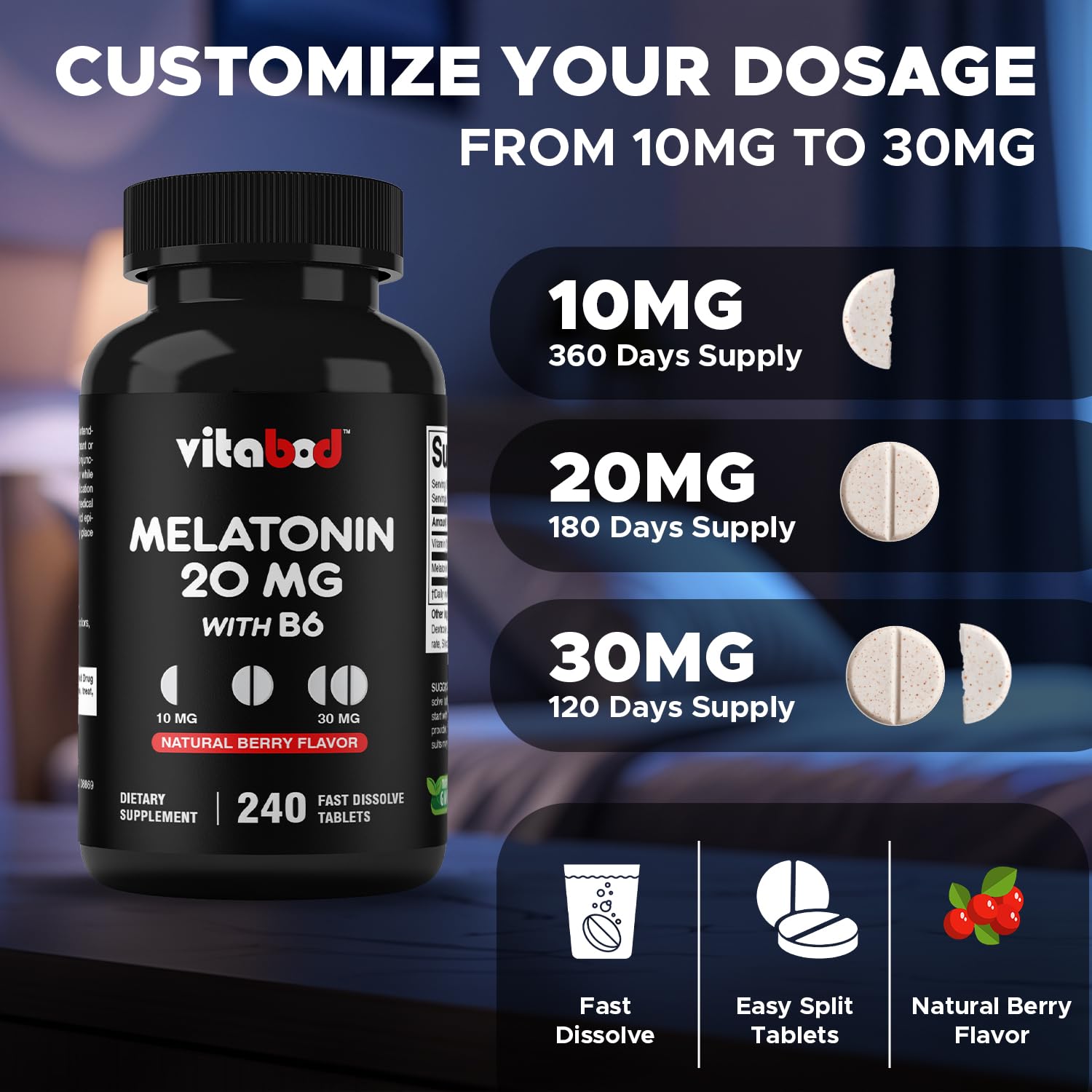 Vitabod Melatonina libre de OGMs para tranquilidad.