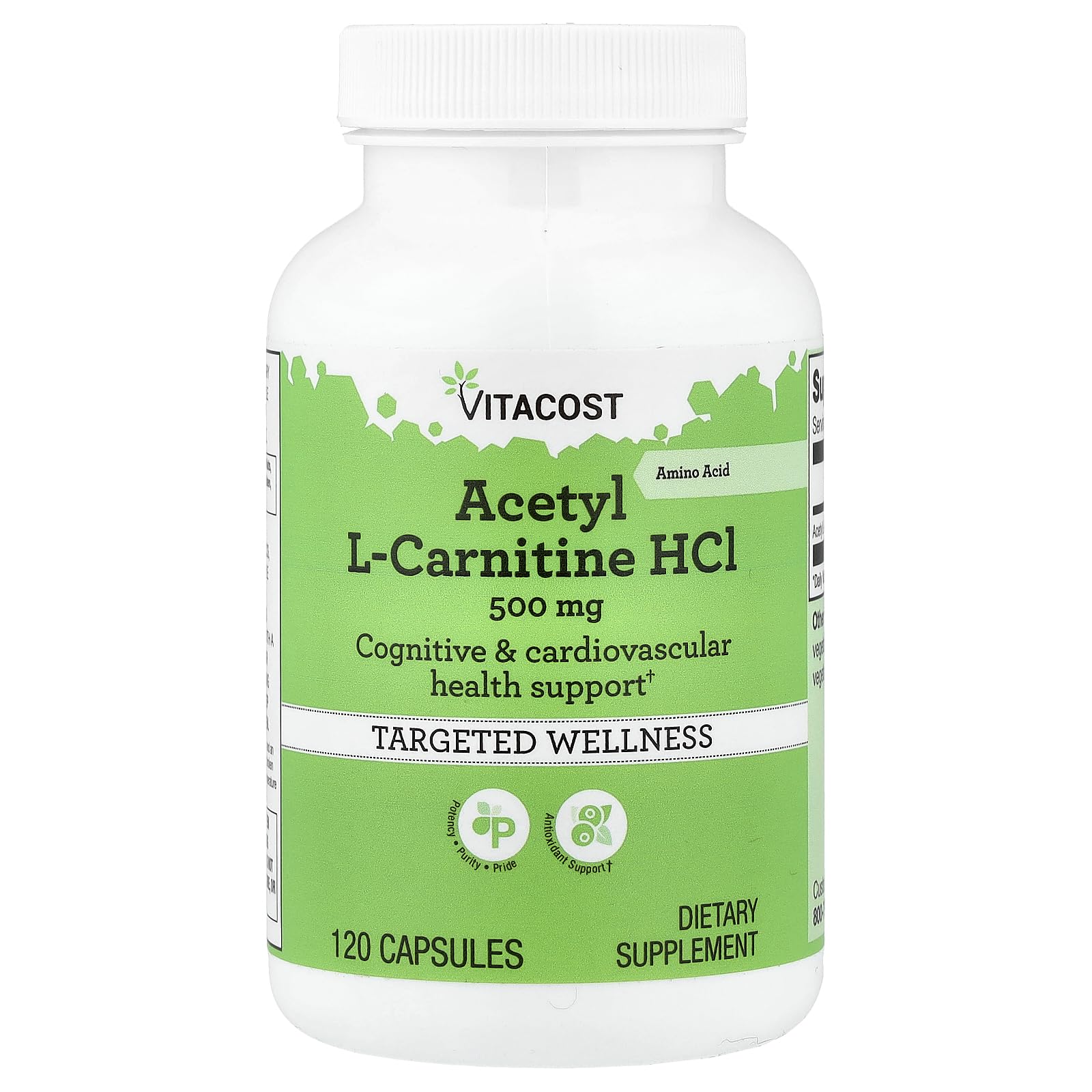 Vitacost Acetil L-Carnitina HCl 500 mg, envase de cápsulas, soporte para energía diaria