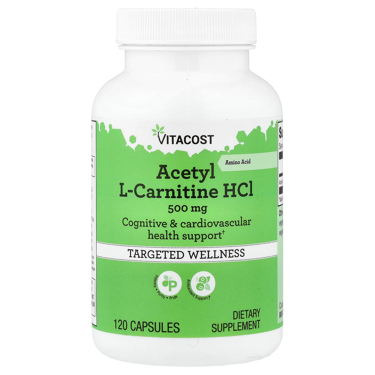 Vitacost Acetil L-Carnitina HCl 500 mg, envase de cápsulas, soporte para energía diaria