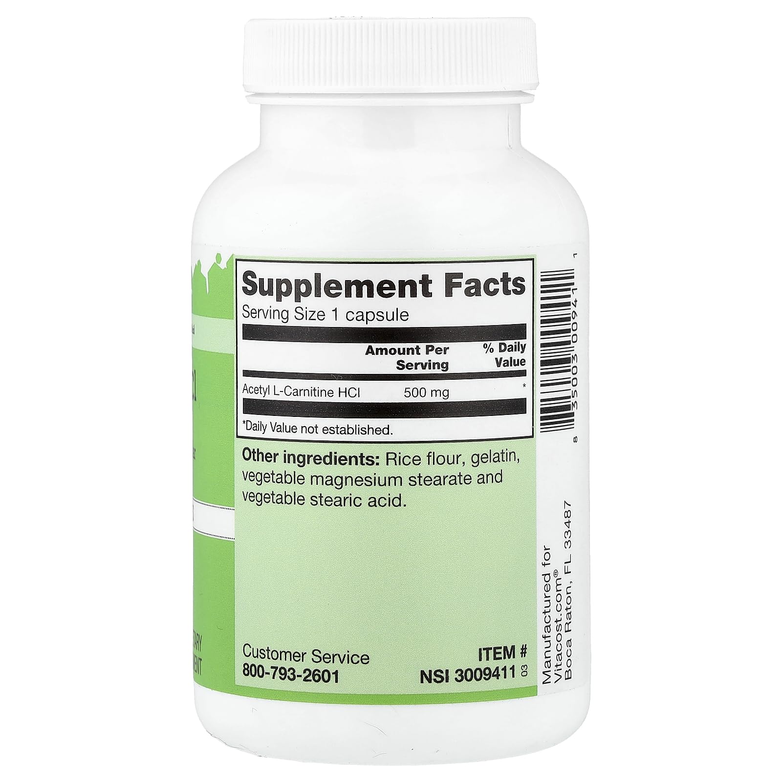 Vitacost Acetil L-Carnitina HCl 500 mg, etiqueta de caja, opción de nutrición para el bienestar