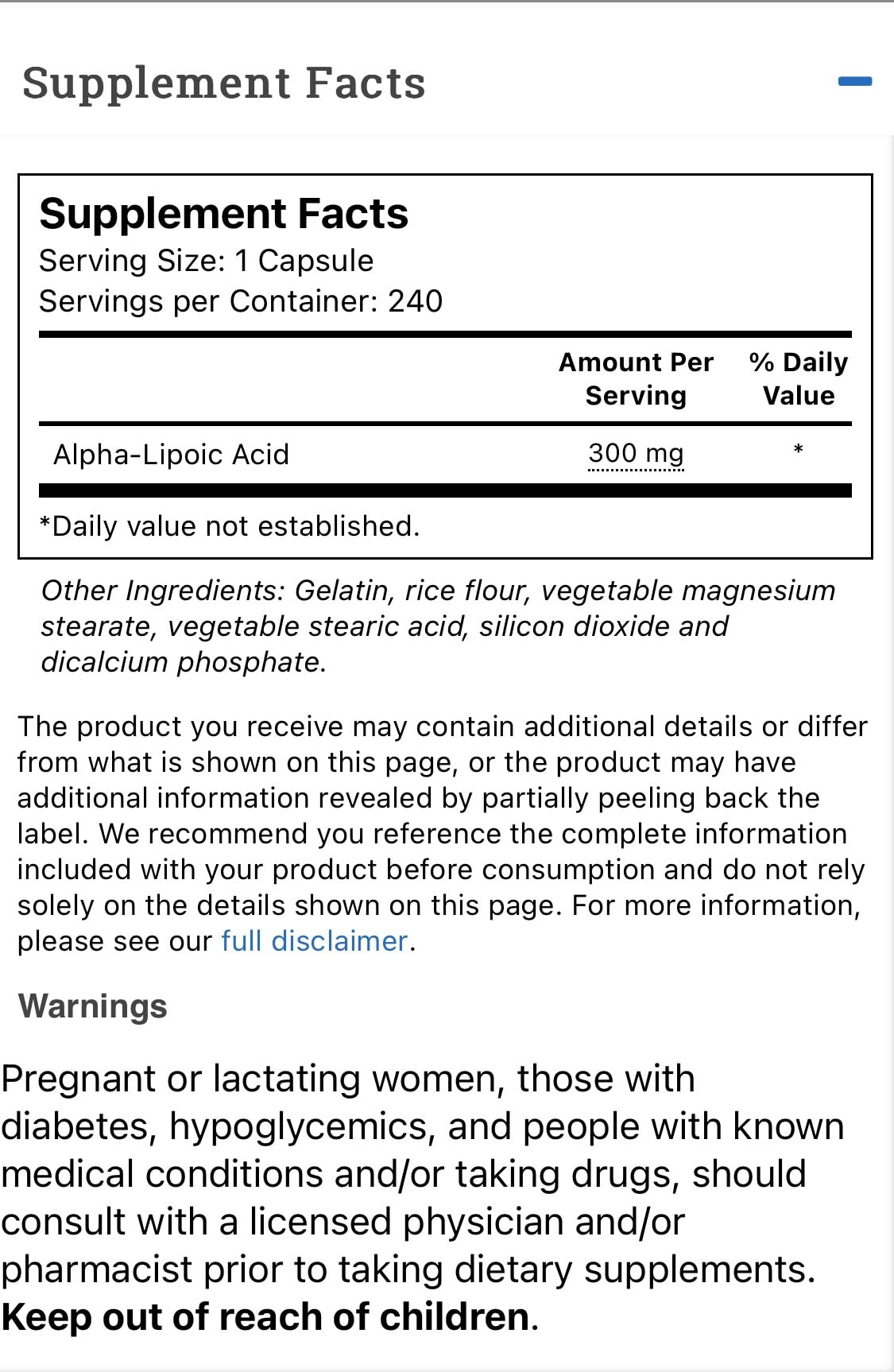 Vitacost ácido alfa-lipoico, cápsulas, uso diario conveniente
