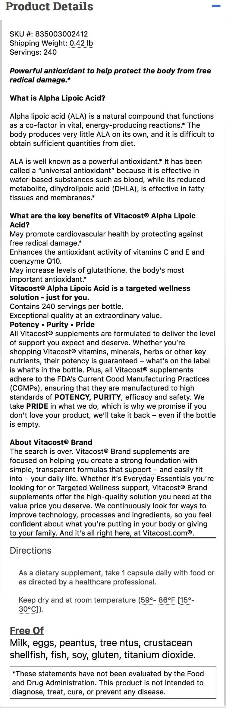 Vitacost ácido alfa-lipoico, etiqueta clara, garantía de calidad