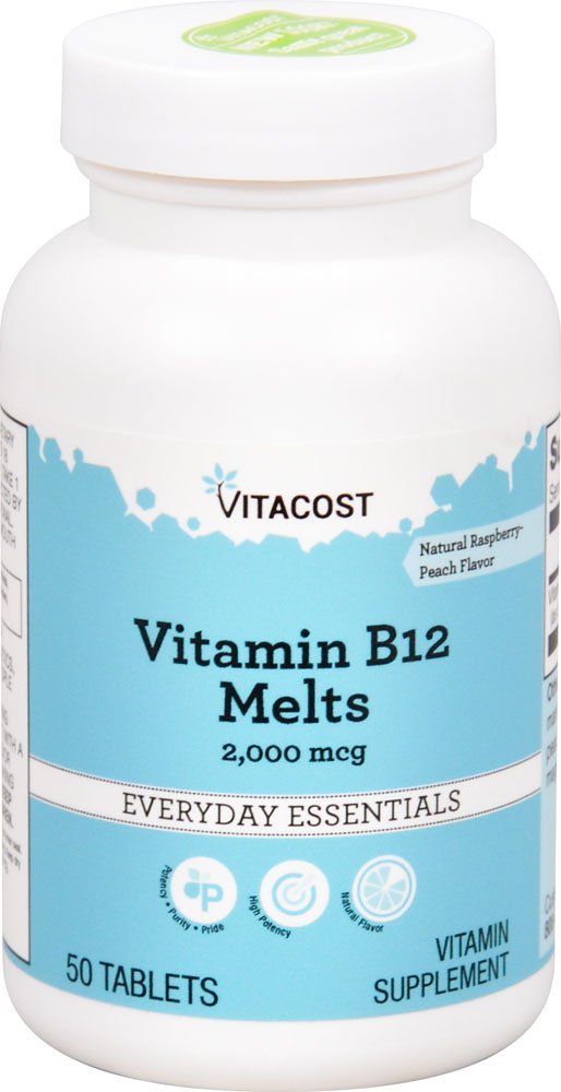 Vitacost B12 2000 mcg, tabletas sublinguales, sabor frambuesa-durazno para energía.