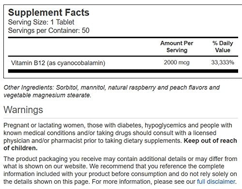 Vitacost B12 2000 mcg, tabletas sublinguales sabor frambuesa-durazno para enfoque diario.
