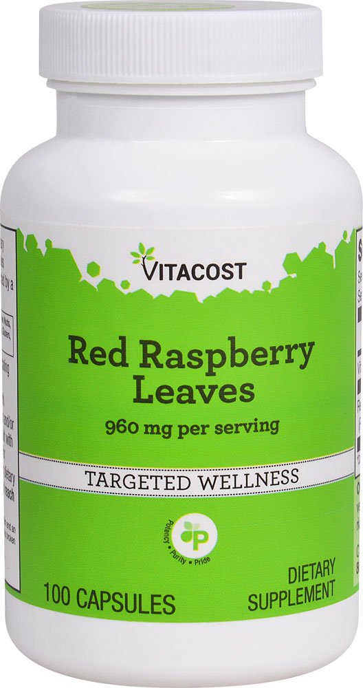 Vitacost botella con hojas de frambuesa rojas listas para infusión y uso diario.