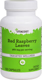 Vitacost botella con hojas de frambuesa rojas listas para infusión y uso diario.