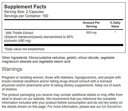 Vitacost Cardo Mariano etiqueta: 150 porciones y extracto estandarizado para soporte antioxidante potencial.