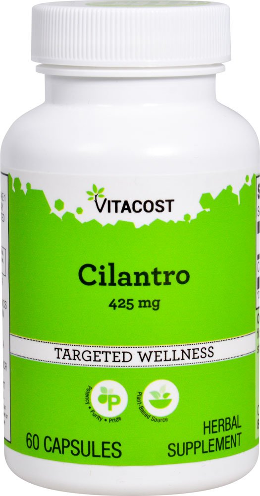 Vitacost Cilantro en cápsulas de 425 mg, conveniente toma diaria.