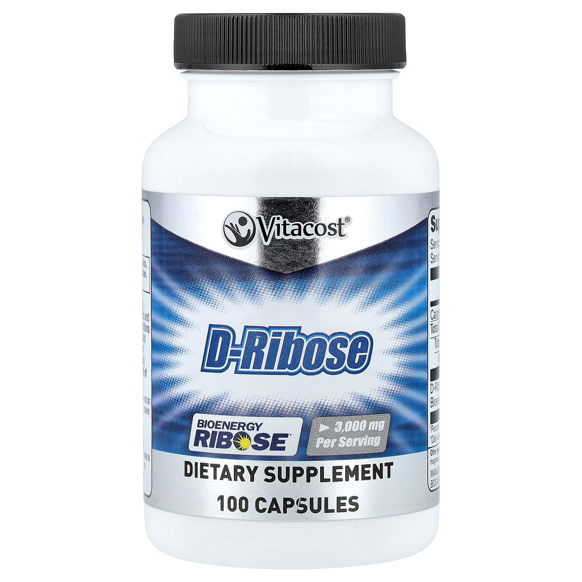 Vitacost D-Ribose en botella con cápsulas para energía diaria.