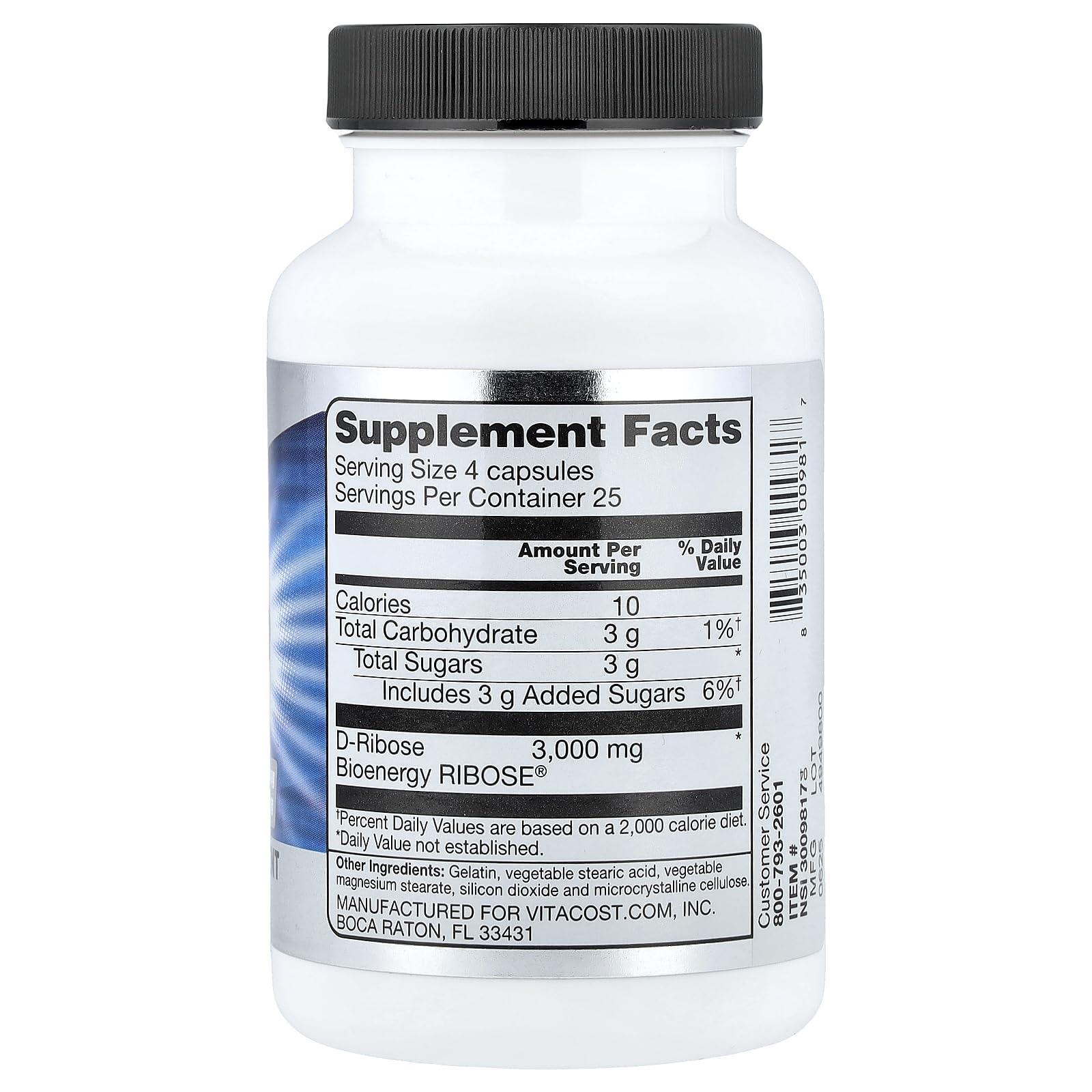 Vitacost D-Ribose cápsulas en la mano para recuperación muscular.