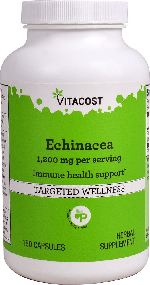 Vitacost Echinacea 1200 mg, botella de suplemento para apoyo al sistema inmunitario.