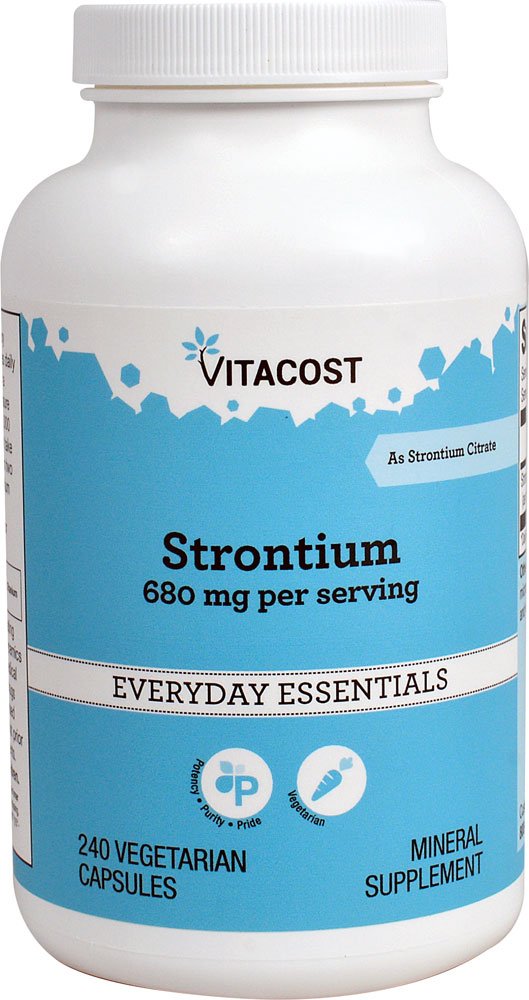 Vitacost Estroncio, botella de cápsulas, posible apoyo a la salud ósea en una dieta equilibrada.