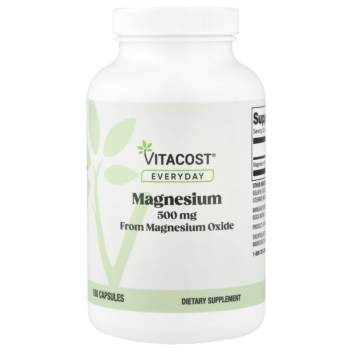 Vitacost Magnesio 500 mg: botella frontal, apoyo potencial para la salud cardiovascular.