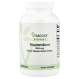 Vitacost Magnesio 500 mg: botella frontal, apoyo potencial para la salud cardiovascular.
