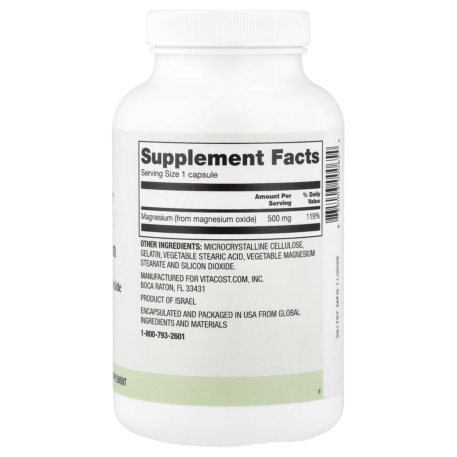 Vitacost Magnesio 500 mg: etiqueta visible, suplemento para huesos y bienestar general.