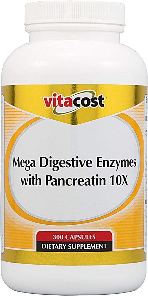 Vitacost Mega Digestive Enzymes con Pancreatina 10X, botella visible, apoyo digestivo durante las comidas.