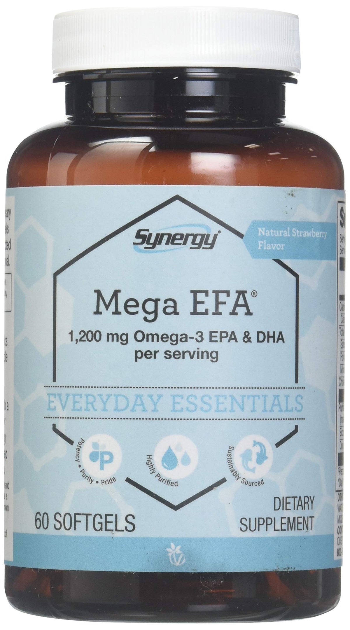Vitacost Mega EFA: botella vertida, destacando pureza y seguridad de la destilación molecular.