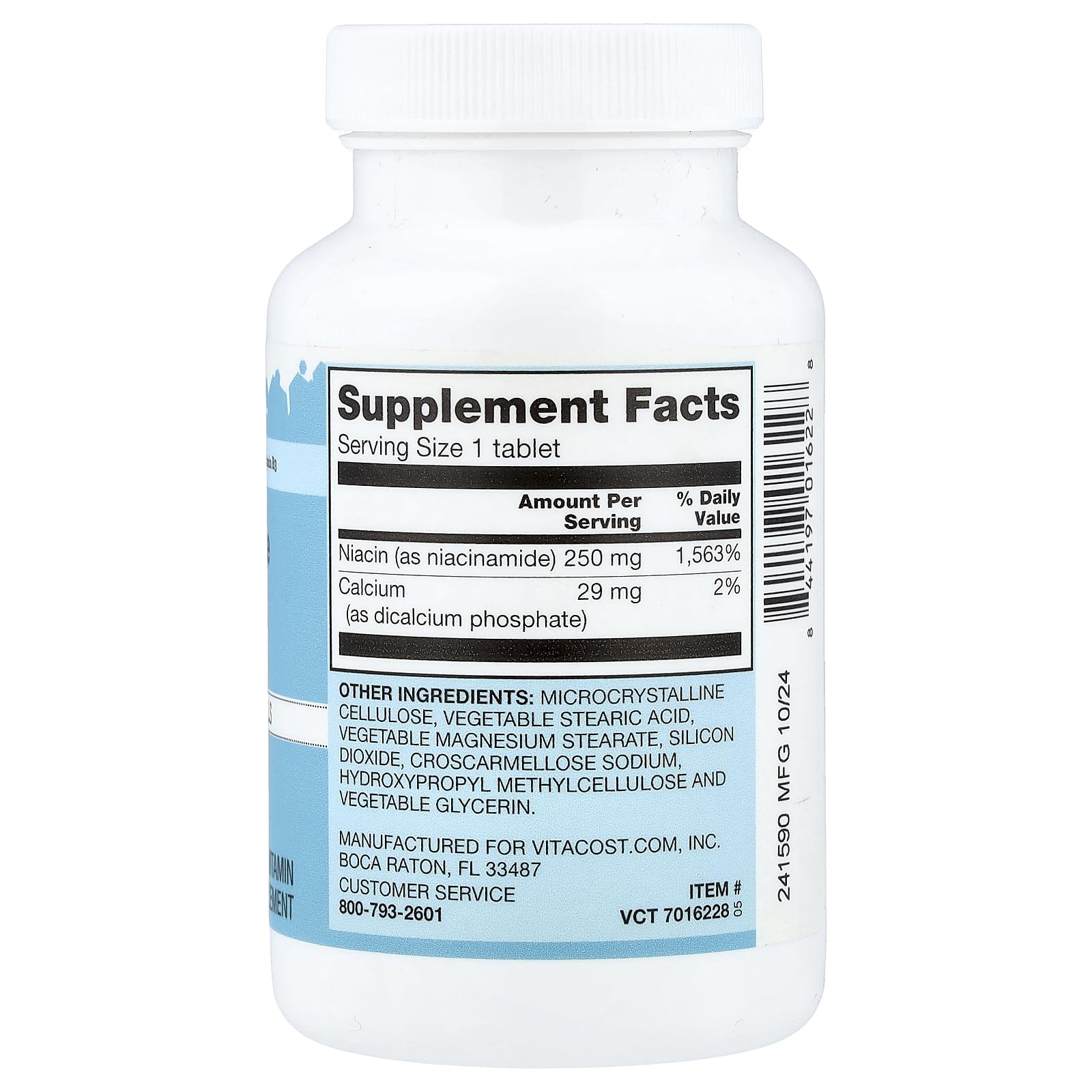 Vitacost Niacinamida, etiqueta detallada, tabletas de 250 mg para uso diario sin enrojecimiento.