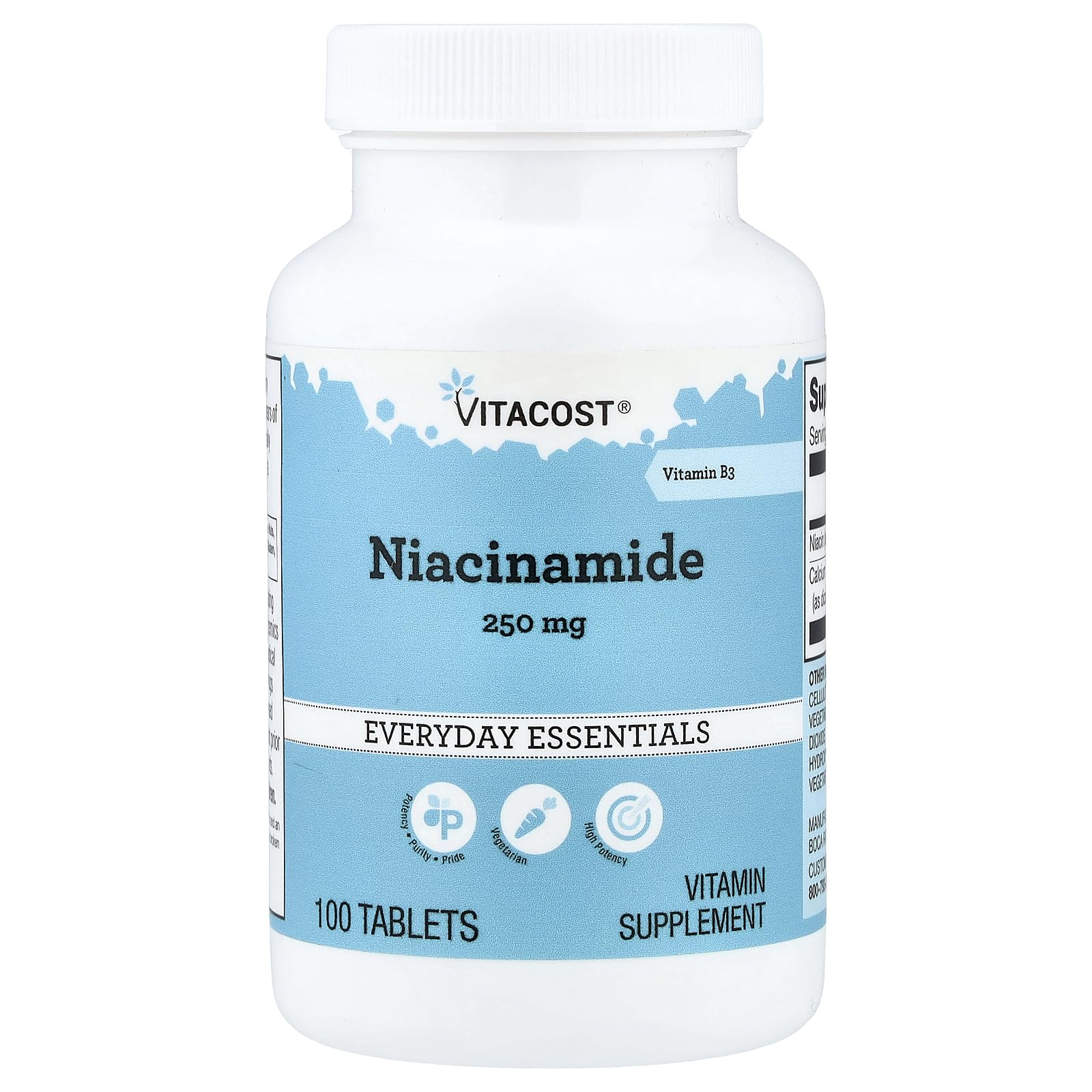 Vitacost Niacinamida, frente del envase, tabletas de 250 mg para apoyo suave de energía.