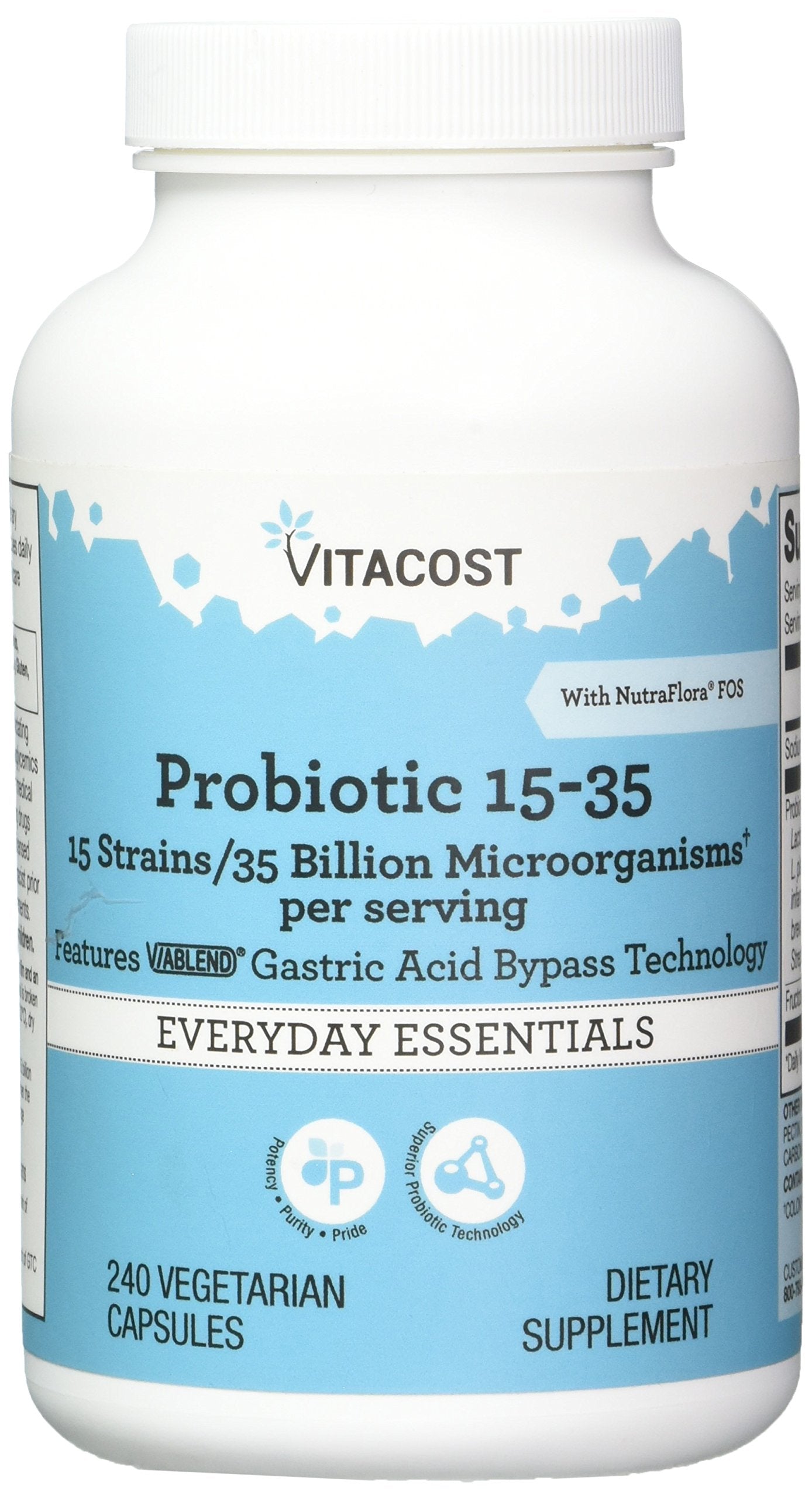 Vitacost Probiotic 15-35: botella con cápsulas para soporte digestivo suave.