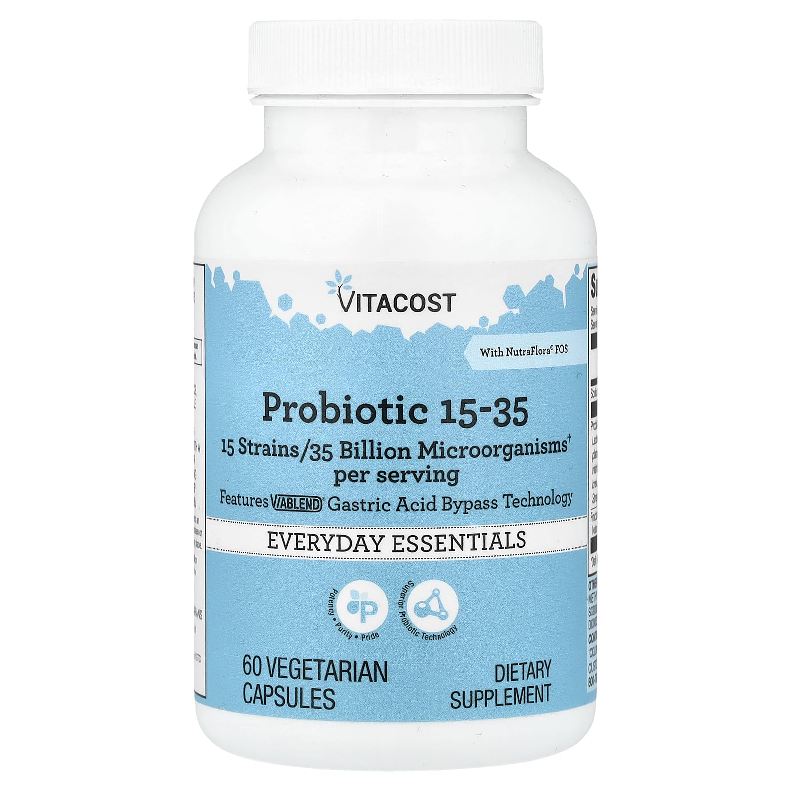 Vitacost Probiotic 15-35: botella de cápsulas para apoyo diario de la microbiota intestinal.