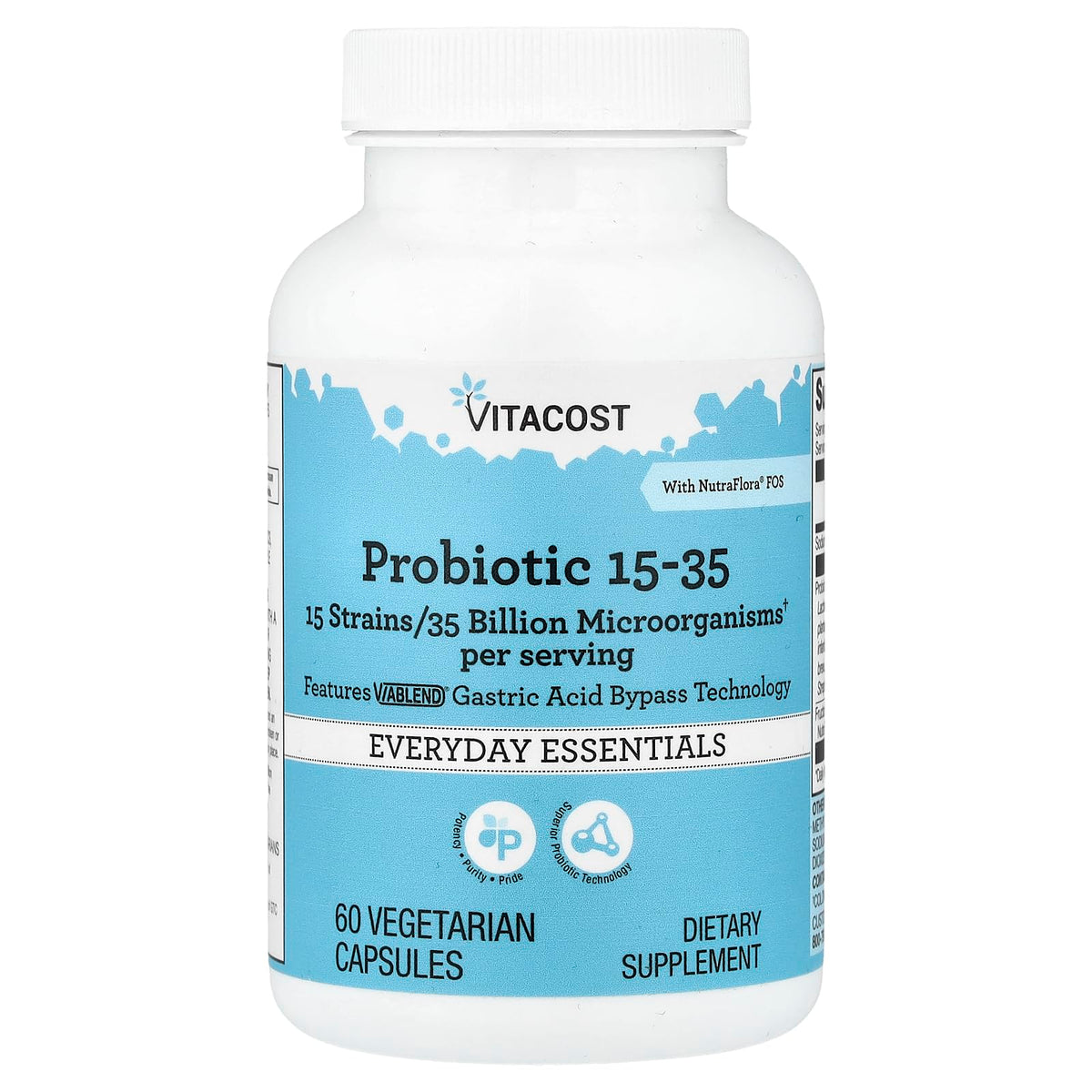 Vitacost Probiotic 15-35: botella de cápsulas para apoyo diario de la microbiota intestinal.