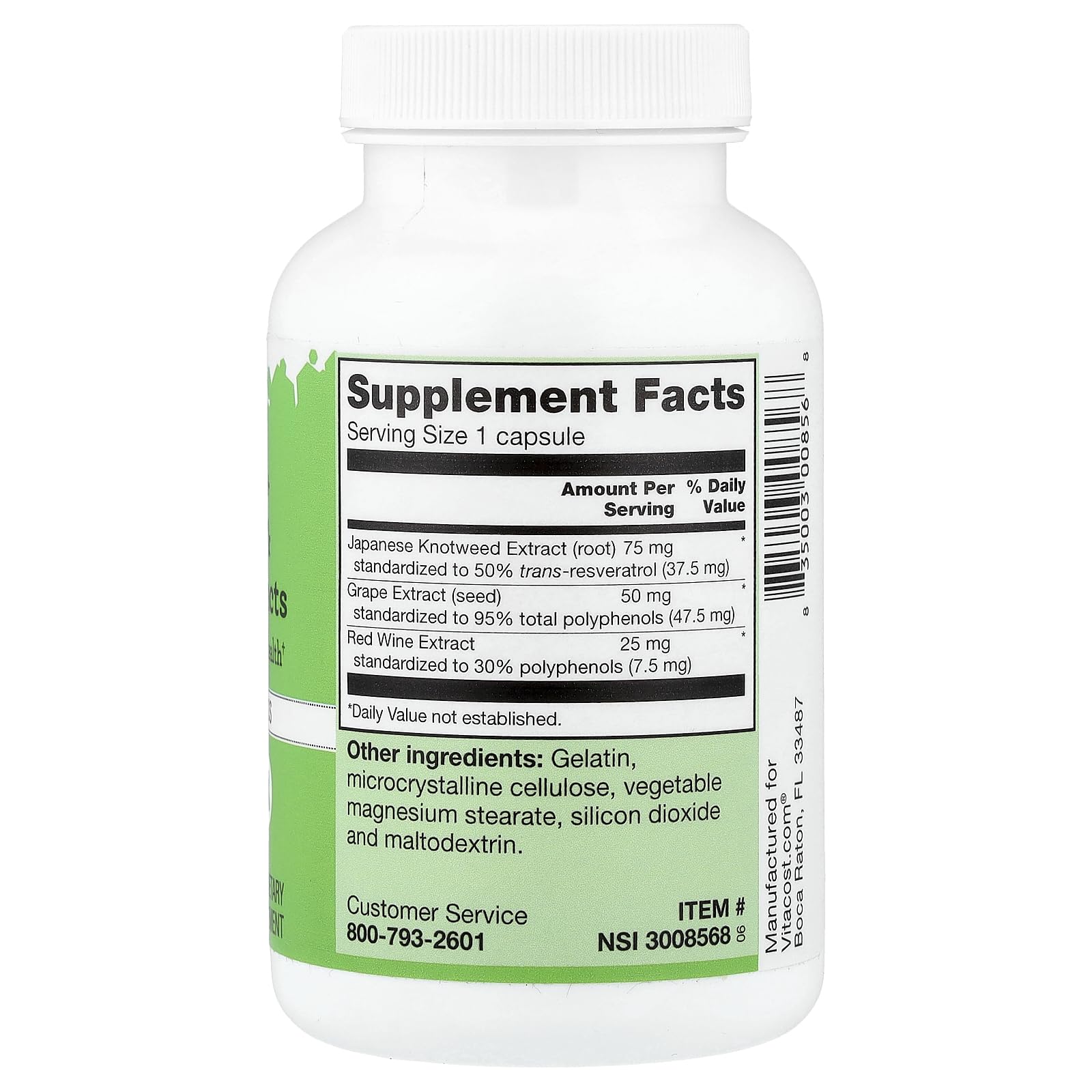 Cápsulas de Vitacost Resveratrol para ingesta diaria y respaldo antioxidante