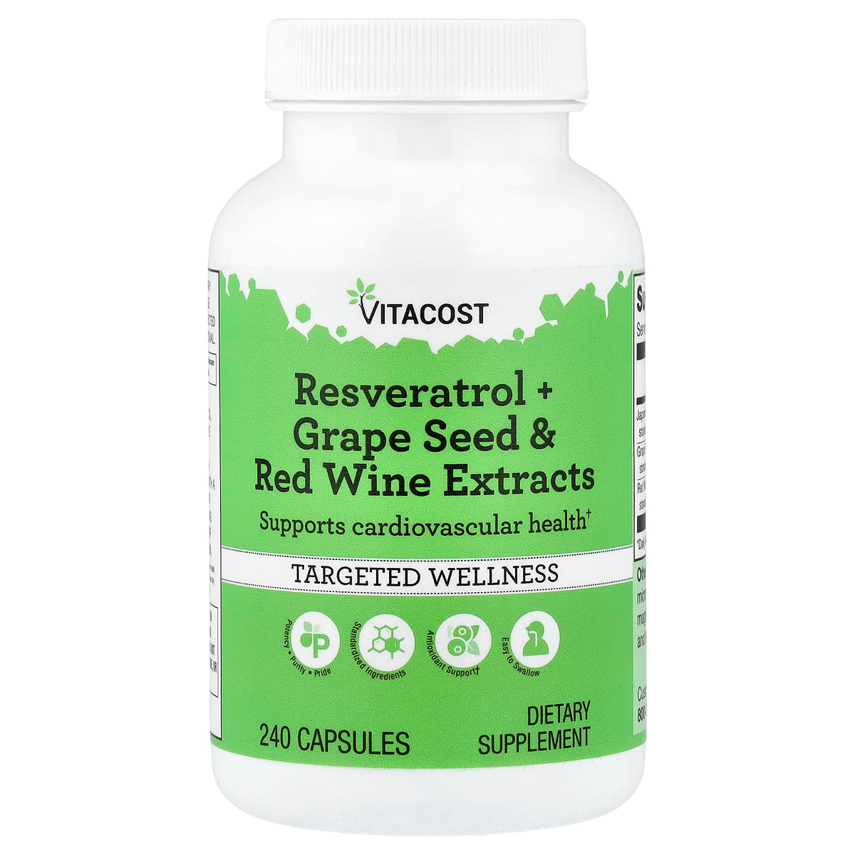 Vitacost Resveratrol con extractos de uva y vino rojo en botella para uso diario